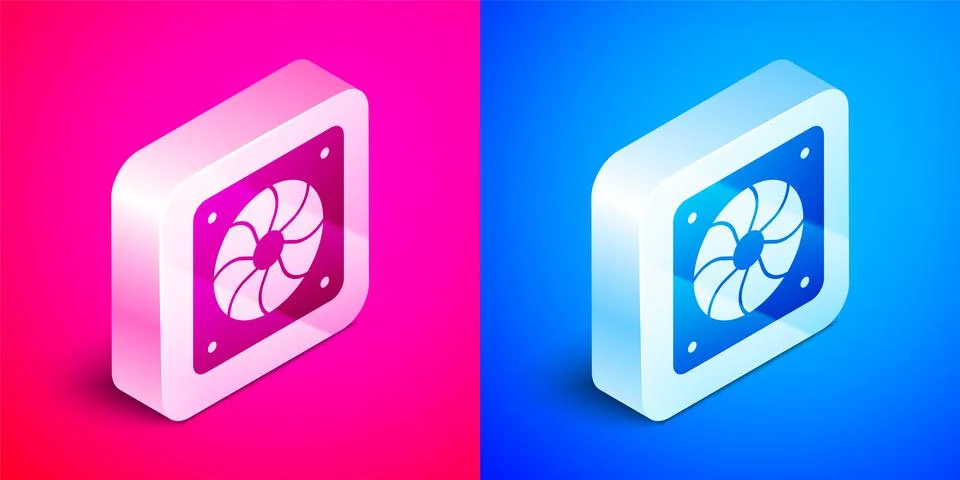 Isometric Computer cooler icon isolated on pink and blue background. PC hardware 스톡 일러스트