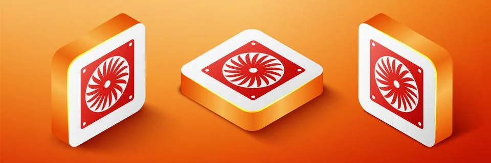 Isometric Computer cooler icon isolated on orange background. PC hardware fan Stock Illustration
