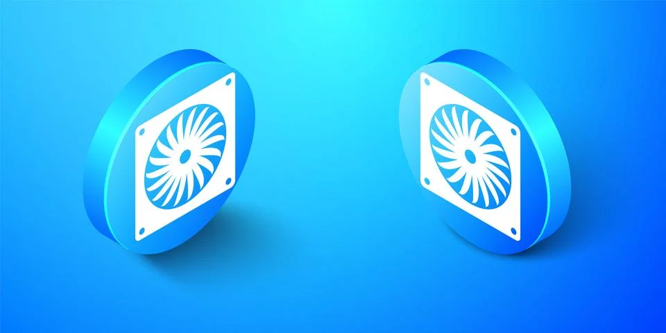 Isometric Computer cooler icon isolated on blue background. PC hardware fan 库存插图