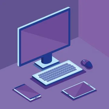 Isometric computer desktop digital technology 스톡 일러스트