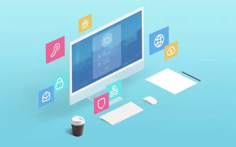 Isometric computer display with security login form and floating icons Stock Illustration