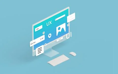 Isometric computer display with user interface modules, illustrating Illustrazione stock