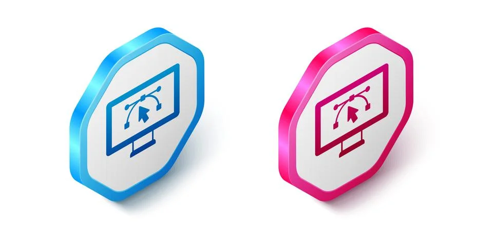 Isometric Computer display with vector design program icon isolated on isol.. Illustrazione stock