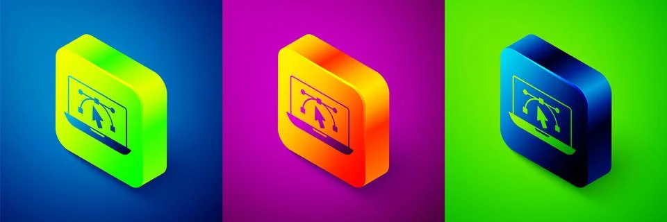 Isometric Computer display with vector design program icon isolated on isol.. Stock Illustration