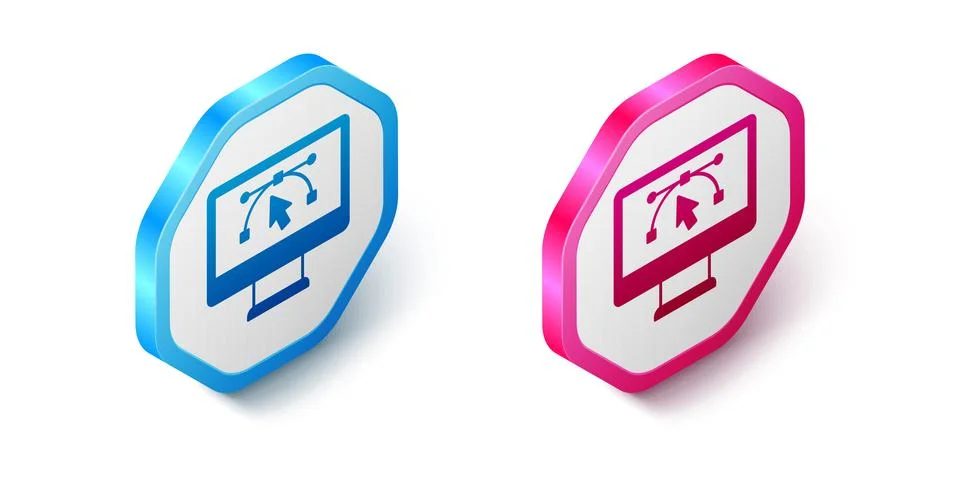 Isometric Computer display with vector design program icon isolated on isol.. Stock Illustration