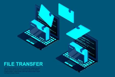 Isometric computer file transfer vector. Two Laptop computers with folders se Illustrazione stock
