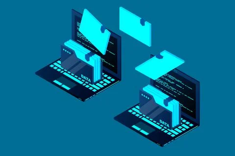 Isometric computer file transfer vector. Two Laptop computers with folders se Illustrazione stock