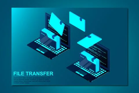 Isometric computer file transfer vector. Two Laptop computers with folders se Illustrazione stock
