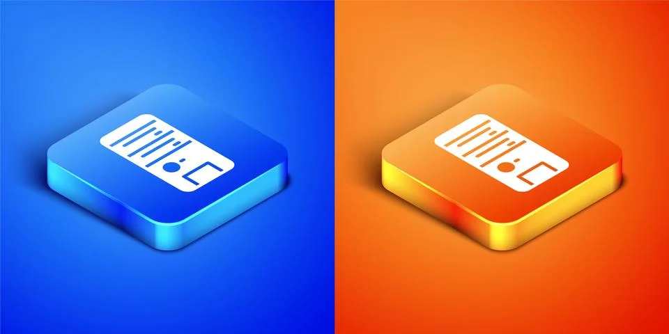 Isometric Computer icon isolated on blue and orange background. PC component Illustrazione stock