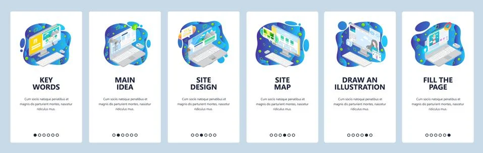 Isometric computer icons. Mobile app onboarding screens. Menu vector banner 스톡 일러스트