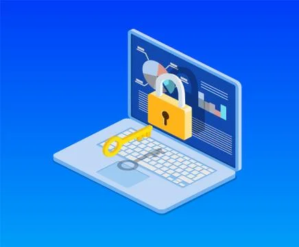 Isometric computer with key, lock Stock Illustration