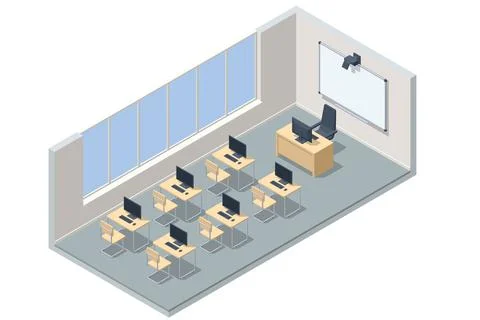 Isometric computer lab. Computer education in classroom. Computer classroom Stock Illustration