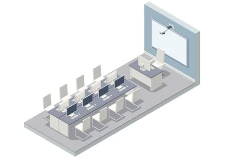 Isometric computer lab. Computer education in classroom. Computer classroom Stock Illustration