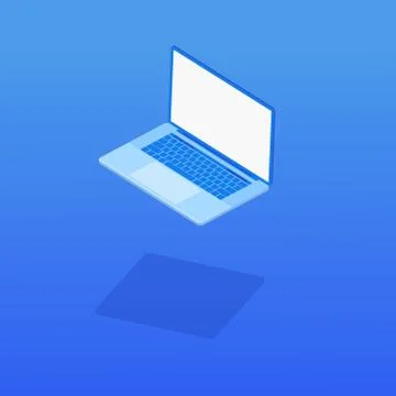Isometric computer levitates in the air on a blue background. Stock Illustration