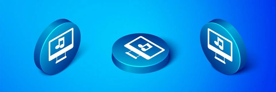 Isometric Computer with music note symbol on screen icon isolated on blue b.. Illustrazione stock