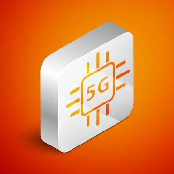 Isometric Computer processor 5G with microcircuits CPU icon isolated on orang Stock Illustration