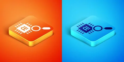 Isometric Computer processor with microcircuits CPU icon isolated on orange and Stock Illustration