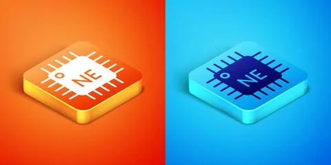 Isometric Computer processor with microcircuits CPU icon isolated on orange and Stock Illustration