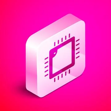 Isometric Computer processor with microcircuits CPU icon isolated on pink Stock Illustration
