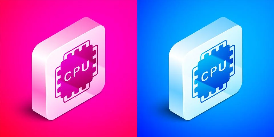 Isometric Computer processor with microcircuits CPU icon isolated on pink and Illustrazione stock