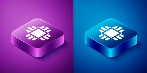 Isometric Computer processor with microcircuits CPU icon isolated on blue and Stock Illustration