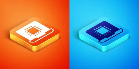 Isometric Computer processor with microcircuits CPU icon isolated on orange.. 스톡 일러스트