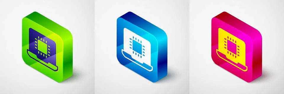 Isometric Computer processor with microcircuits CPU icon isolated on grey b.. Illustrazione stock