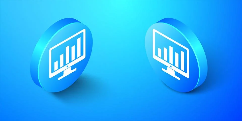 Isometric Computer screen with financial charts and graphs icon isolated on blue Illustrazione stock