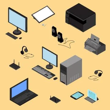 Isometric computer technology concept. Tablet, laptop, processor, printer, .. 库存插图
