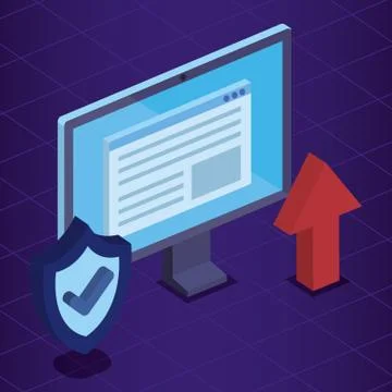 Isometric computer technology with document and shield security Stock Illustration