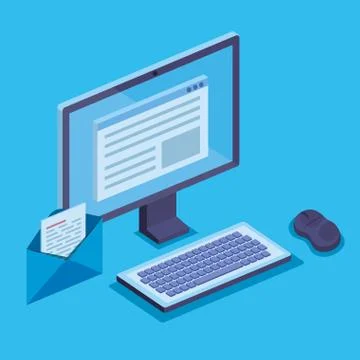 Isometric computer technology with document information and letter Illustrazione stock