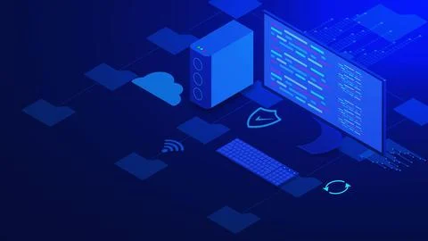 Isometric computer technology with PC on dark blue background Stock Illustration