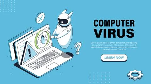 Isometric computer virus poster. Bot with magnifying glass near laptop screen 스톡 일러스트