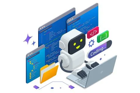 Isometric concept of AI coding assistant helping programmer write and optimize Illustrazione stock