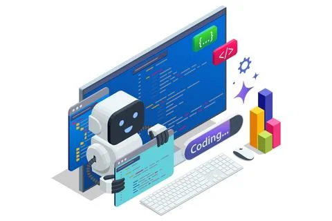 Isometric concept of AI coding assistant helping programmer write and optimize Illustrazione stock
