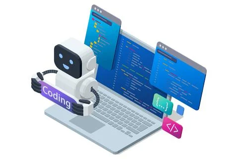 Isometric concept of AI coding assistant helping programmer write and optimize Illustrazione stock