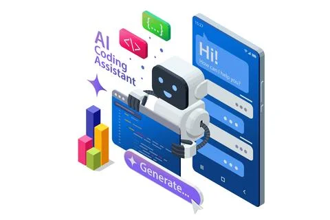 Isometric concept of AI coding assistant helping programmer write and optimize Illustrazione stock