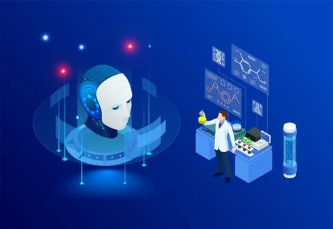 Isometric concept of artificial intelligence helps in the development of new Stock Illustration