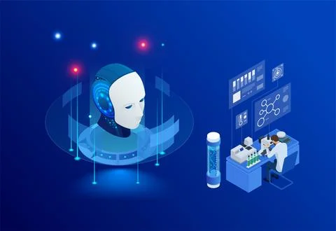 Isometric concept of artificial intelligence helps in the development of new Stock Illustration