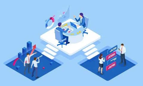 Isometric concept of business analysis, analytics, research, strategy statistic Stock Illustration