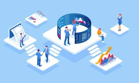 Isometric concept of business analysis, analytics, research, strategy statistic Stock Illustration