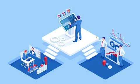 Isometric concept of business analysis, analytics, research, strategy statistic Stock Illustration