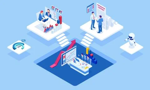 Isometric concept of business analysis, analytics, research, strategy statistic Stock Illustration