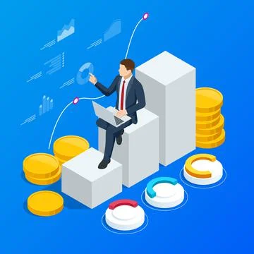 Isometric concept of business analysis, analytics, research, strategy statistic Stock Illustration