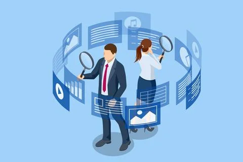 Isometric concept of business analysis, analytics, research, strategy statistic Stock Illustration
