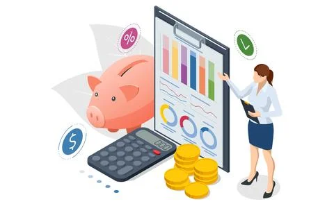 Isometric Concept of Business Analysis, Analytics, Research, Finance chart 스톡 일러스트