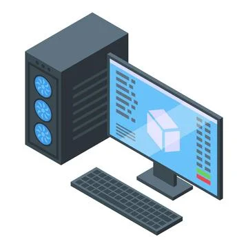 Isometric concept of desktop computer with code on screen 库存插图
