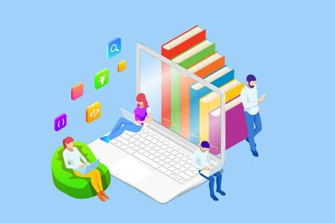 Isometric concept for Digital Reading, E-classroom Textbook, Modern Education, E Illustrazione stock