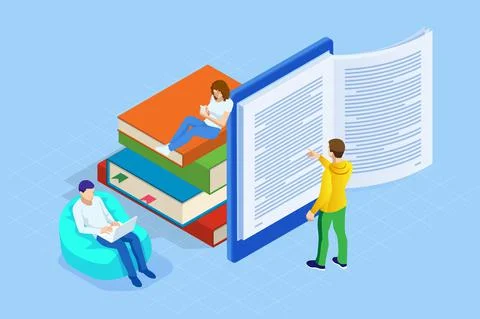 Isometric concept for Digital Reading, E-classroom Textbook, Modern Education, E Stockillustratie