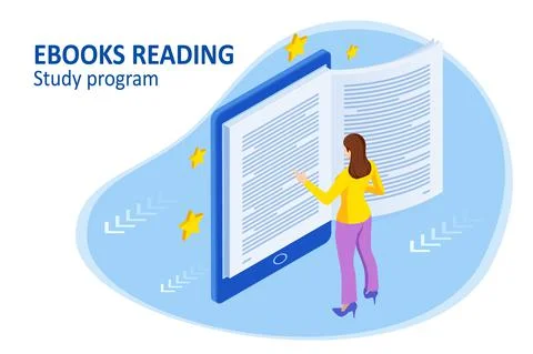 Isometric concept for Digital Reading, E-classroom Textbook, Modern Education, E Stockillustratie